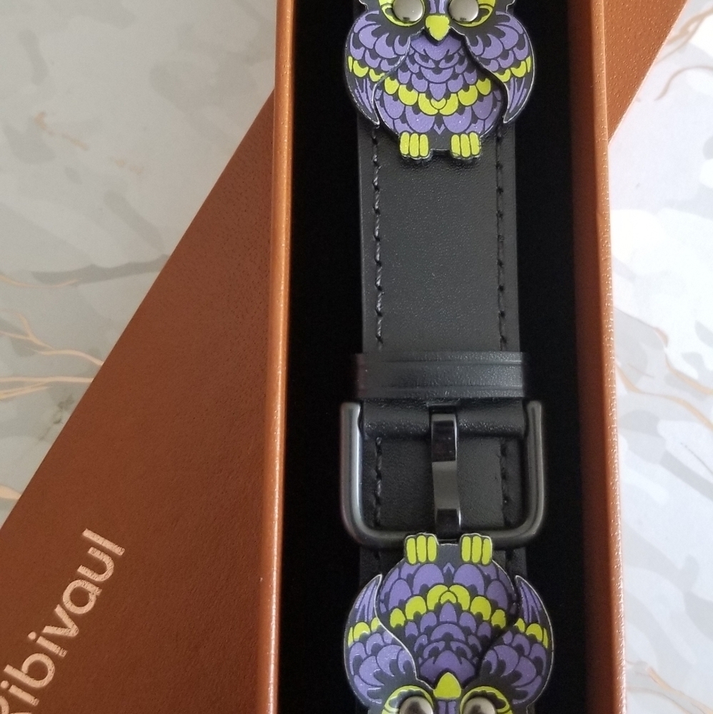 Black Apple Watch Strap Owl design - Genuine leather